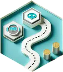 Coins leading to a chatbot icon, representing simple pricing navigation